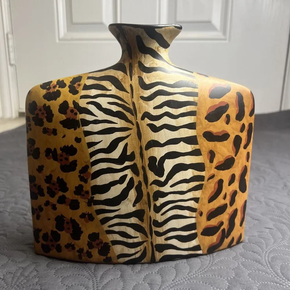 Medium Art Pottery Animal Print Flat Sided Rectangular Bud Vase Gift Home Decor